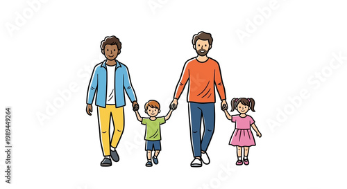 Diverse gay male couple walking hand in hand with their young son and daughter.