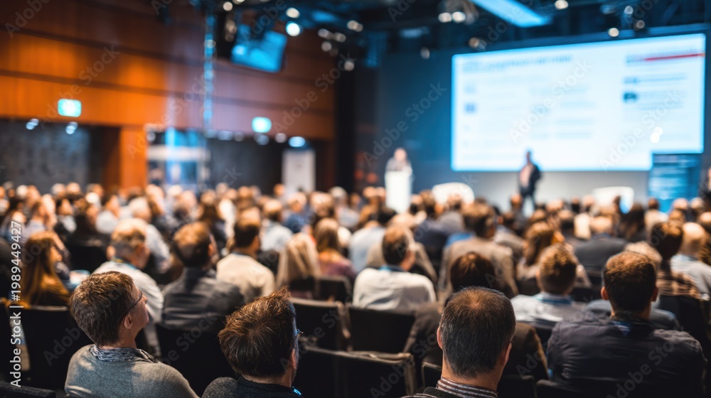 Fototapeta premium Business conference session with audience listening to presentation and large screen display in modern conference room