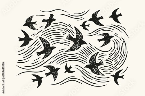 Tableau sur toile Linocut Style Illustration of Flying Birds