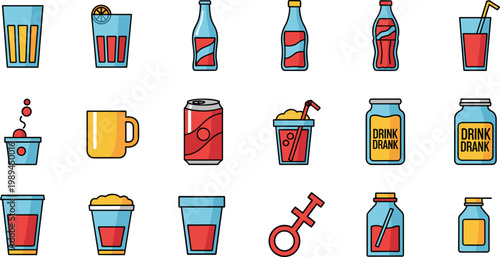 Soft Drink Beverage Vector Set Soda Bottle Glass Juice Cup Icons