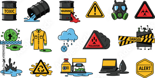 Toxic Pollution Hazard Vector Set Chemical Spill Warning Safety Icons