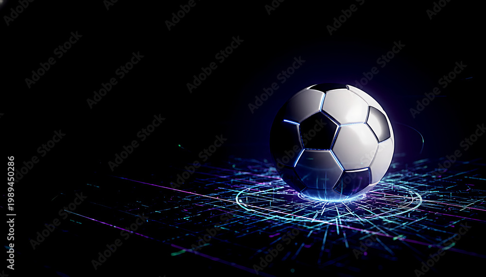 Fototapeta premium Modern soccer ball with subtle energy effect glowing in dark background with blue lines