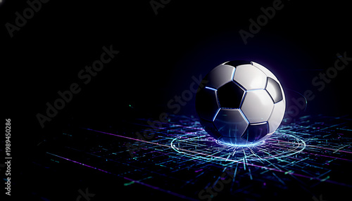 Modern soccer ball with subtle energy effect glowing in dark background with blue lines