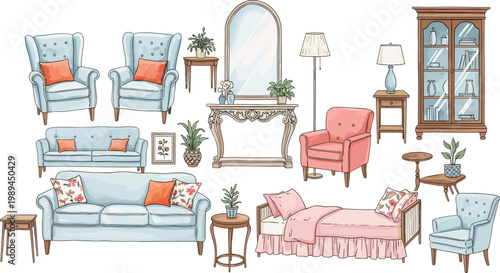 Classic home furniture vector set featuring sofas wingback chairs console table and wood hutch in a hand-drawn flat style for interior design.