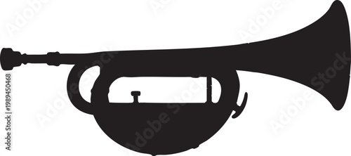 Detailed black silhouette of classic brass trumpet musical instrument isolated on white background, jazz poster, music academy logo, creative design element