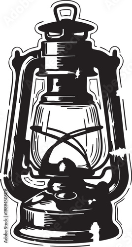 Classic vintage oil lantern silhouette with detailed glass chamber and metal frame isolated on white background, camping, hiking, outdoor adventure, antique lighting design