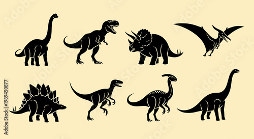 Prehistoric Dinosaur Silhouettes Icons Collection Set Featuring Tyrannosaurus Rex, Triceratops, Brachiosaurus, Stegosaurus and Pterosaur Vector