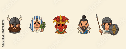 Collection of Ancient Civilization Characters Avatar Set Including Viking, Egyptian Pharaoh, Aztec Priest, Samurai and Roman Legionary Soldier