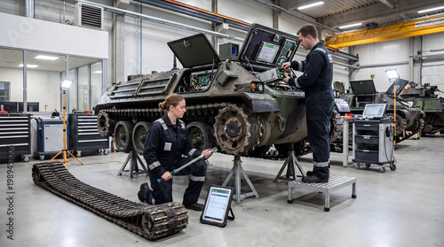 Engineers performing maintenance and repair on infantry fighting vehicle