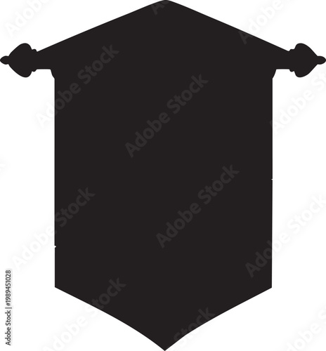 Vintage black Medieval banner silhouette with pointed bottom and decorative finials on hanging rod isolated on white background for heraldic shield or royal emblem