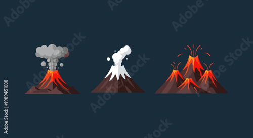 Active Volcano Eruption Vector Illustration Set Featuring Magma Smoke and Ash Clouds, Geological Activity Concept for Science and Nature Education Art