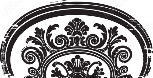 Elegant black silhouette of ornate Baroque damask pattern in circular frame with acanthus leaf scrolls and floral elements, luxury architectural design