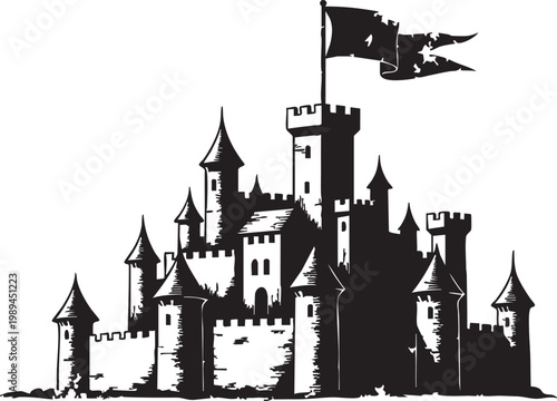 Black and white illustration of Medieval fortress castle with stone towers and waving flag, ancient royal kingdom, historical architecture heritage