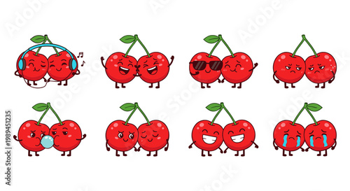 Cute Cherry Characters Emoji Set with Different Emotions, Kawaii Fruit Mascot Collection including Happy Sad Angry Crying and Listening to Music