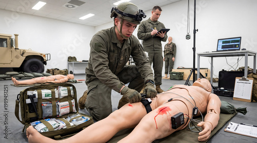 Military medic training applying tourniquet to trauma simulation manikin