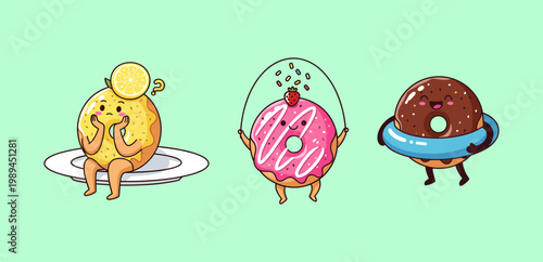 Funny Donut Characters Illustration Set with Lemon Pink and Chocolate Toppings, Kawaii Doughnut Mascots Exercising and Playing on Light Green Background