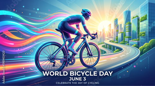 Futuristic cycling concept showing athlete riding bicycle through vibrant city landscape with light trails for fitness awareness eco transport promotion and healthy lifestyle campaign use