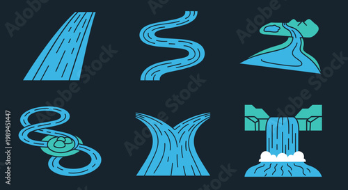 Collection of River and Water Flow Icons in Different Shapes, Meandering River, Waterfall and Bending Stream Vector Symbols for Map and Nature