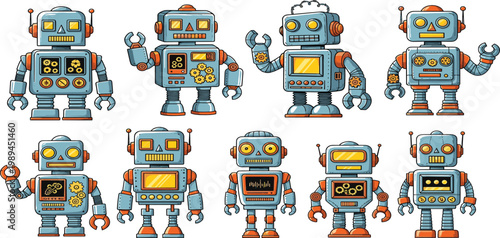Retro toy robot vector set featuring vintage mechanical mascots with gears and monitor screens in a flat comic book style for games