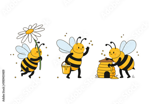 Cute Honey Bee Characters Working in Garden, Bee Carrying Flower, Holding Honey Bucket and Making Honey in Hive Vector Illustration Set for Kids