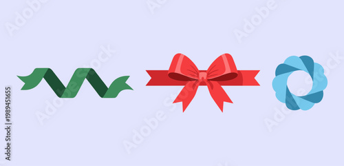 Set of Decorative Ribbons and Bows Collection in Green Red and Blue Colors, Elegant Silk Fabric Elements for Gift Box Wrapping and Celebration Decor Vector