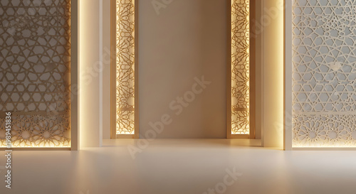 Elegant architectural interior featuring sophisticated golden geometric patterns and soft ambient lighting