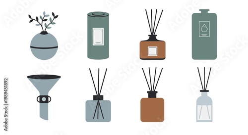 Collection of Essential Oil Diffuser Bottles and Home Fragrance Accessories, Aromatherapy Reed Diffuser Sticks and Scented Room Spray Icons