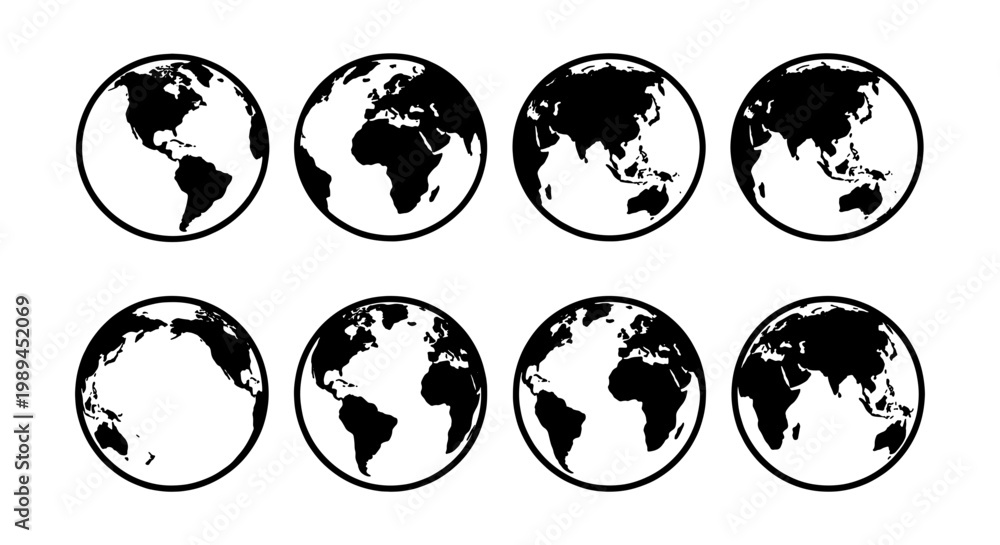 Obraz premium Minimalist world globe icon set, 8 black and white earth vector symbols, global map spheres showing different continents and perspectives