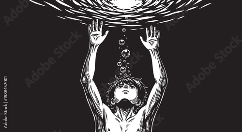Black and white illustration, man with hands up, mystical scene, abstract art