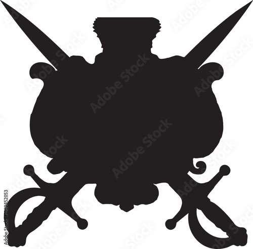 Elegant black silhouette of ornate heraldic shield with crossed swords isolated on white background, royal crest design, Medieval emblem symbol