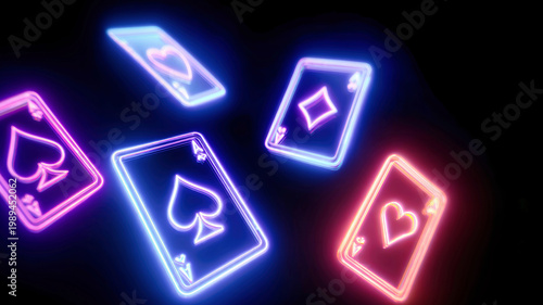 Bright neon symbols of playing cards float against a dark background, radiating blue and purple hues, evoking the lively energy of a casino