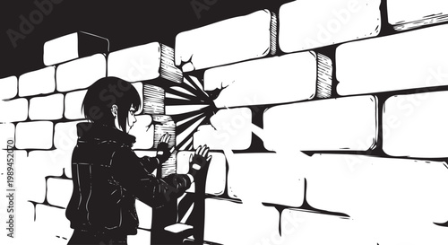 Foto Graffiti artist, stencil art, urban vandalism, black and white vector illustrati