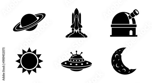 Minimalist space exploration icons, black silhouette astronomy symbols, set of 6 vector illustrations including rocket ship and planets for science education