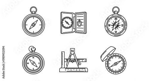 Collection of Nautical Compass and Navigation Tool Line Icons, Vintage Maritime Equipment Symbols for Travel, Adventure, Map Direction and Marine Exploration