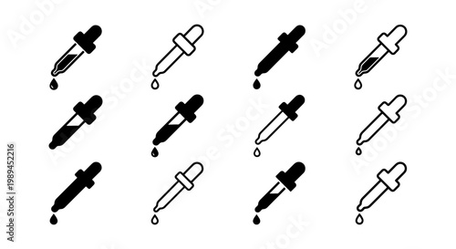Minimalist dropper icon set, 12 pipette vector symbols for laboratory and skincare, black and white medical eye dropper illustrations