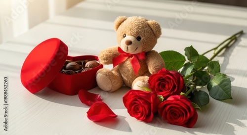 Valentine's Day teddy bear with roses and chocolates