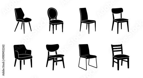 Modern chair silhouette collection, 8 black furniture icons vector set, minimalist interior design seating elements for home and office decor