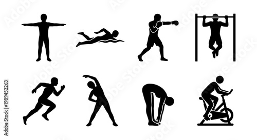 Fitness and sports silhouette icons set, 8 black vector symbols of athletes exercising, workout and gym activity pictograms for health and wellness