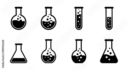 Science laboratory glassware icons set, chemistry test tube and flask vector illustrations, black chemical research equipment symbols on white