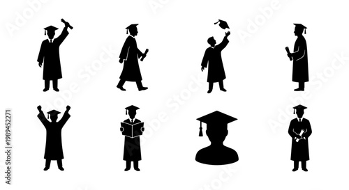 Graduation silhouette icons, set of 8 student vector elements in academic gowns and caps, university commencement ceremony figures with diplomas