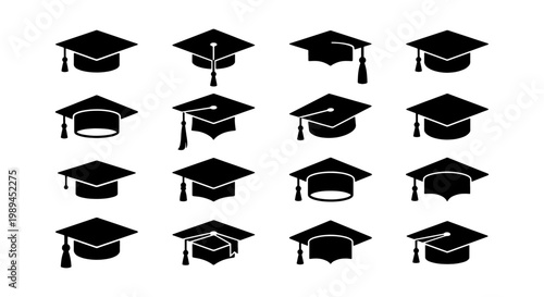 Graduation cap icon set, black academic mortarboard hat silhouettes, 16 vector elements for university degree and education success concepts