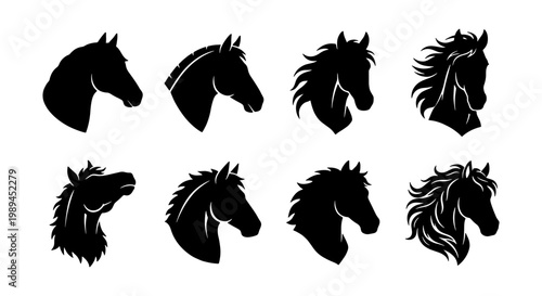 Horse head silhouette vector set, 8 black stallion profile icons, equestrian animal mascot collection, minimalist mustang head graphics for logo design