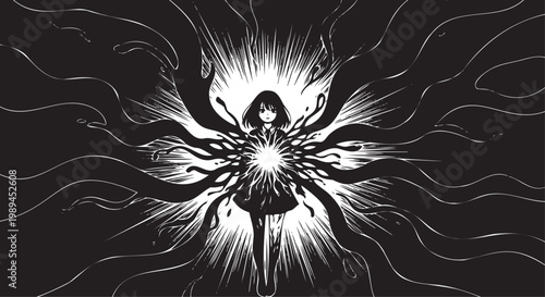 Dark fantasy woman, mystical illustration, black and white artwork, abstract background
