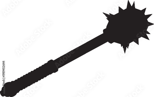 Menacing black silhouette of Medieval morning star mace weapon with sharp spikes and textured handle for historic warfare and ancient combat concepts