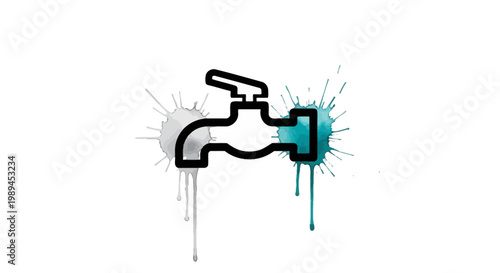 Artistic black water tap icon with blue and grey paint splashes.