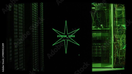 SYSTEM_CORE star activating, server racks scrolling code and right cabinet gaining green overlays