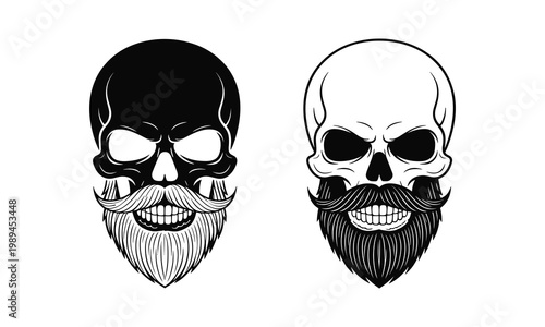 Skull, bearded skulls, human skulls, black and white vector icons, illustration set
