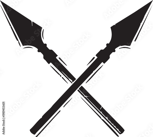 Crossed spear silhouette with sharp blades and textured handles representing ancient tribal warfare historical combat weapon used by Medieval warriors