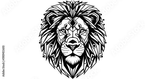 Striking geometric lion head illustration in black and white, abstract polygonal design, powerful animal symbol for logo and modern graphic art.