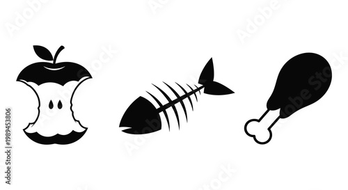 Black silhouettes of an apple core fish skeleton and chicken leg silhouette